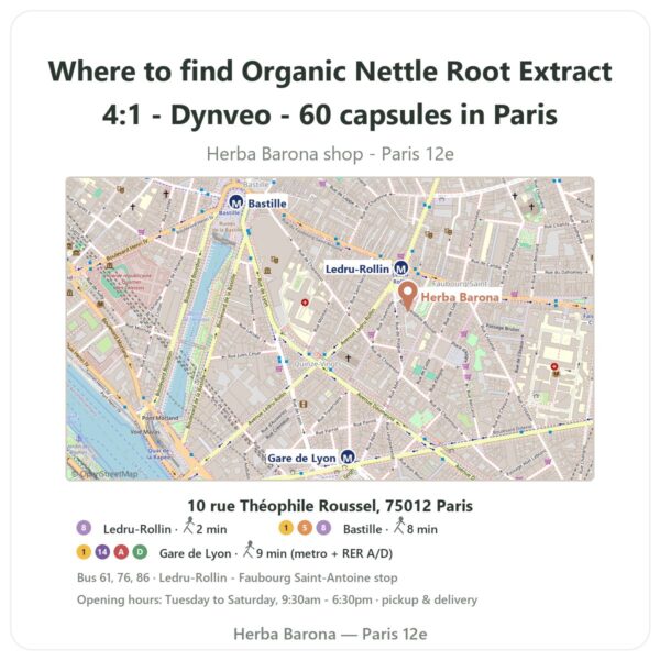 Where to find Organic Nettle Root Extract 4:1 - Dynveo - 60 capsules in Paris - store map Herba Barona Paris 12e
