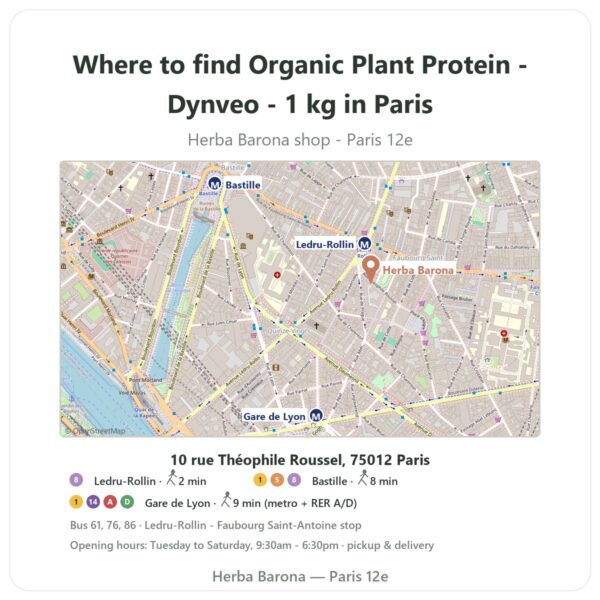 Where to find Organic Plant Protein - Dynveo - 1 kg in Paris - store map Herba Barona Paris 12e