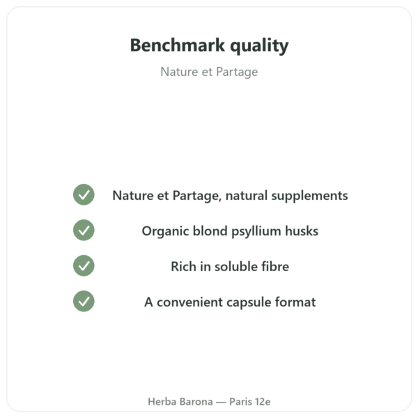 Organic Psyllium Husk 500 mg - 120 capsules - Nature et Partage quality Paris Herba Barona