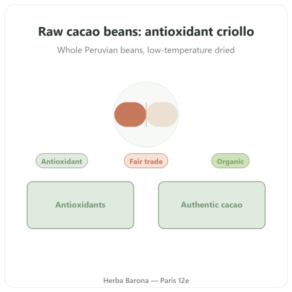 Organic Raw Criollo Cacao Beans – Saldac – 250g presentation Paris Herba Barona
