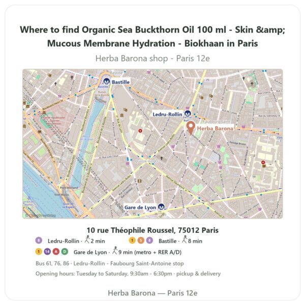 Where to find Organic Sea Buckthorn Oil 100 ml - Skin & Mucous Membrane Hydration - Biokhaan in Paris - store map Herba Barona Paris 12e