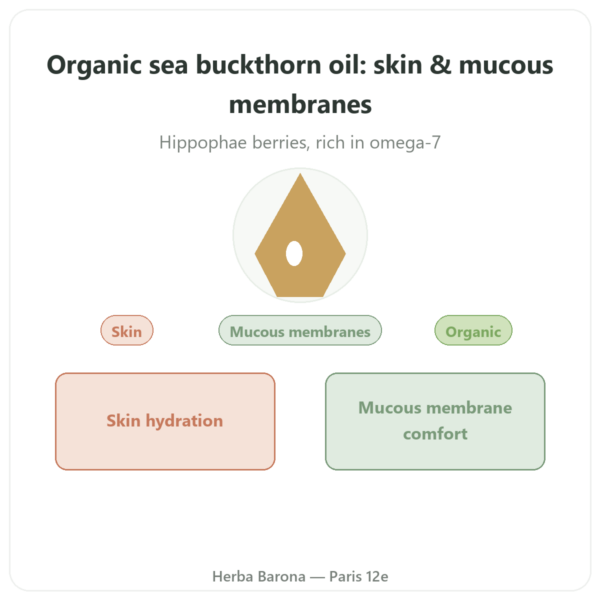 Organic Sea Buckthorn Oil 100 ml - Skin & Mucous Membrane Hydration - Biokhaan presentation Paris Herba Barona