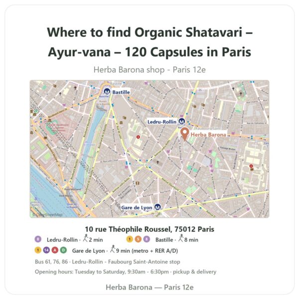 Where to find Organic Shatavari – Ayur-vana – 120 Capsules in Paris - store map Herba Barona Paris 12e
