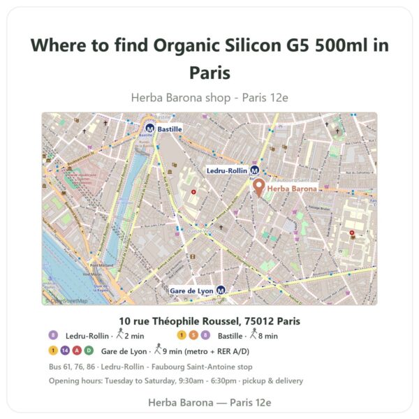 Where to find Organic Silicon G5 500ml in Paris - store map Herba Barona Paris 12e