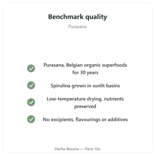 Organic Spirulina Powder – Purasana – 200 g quality Paris Herba Barona