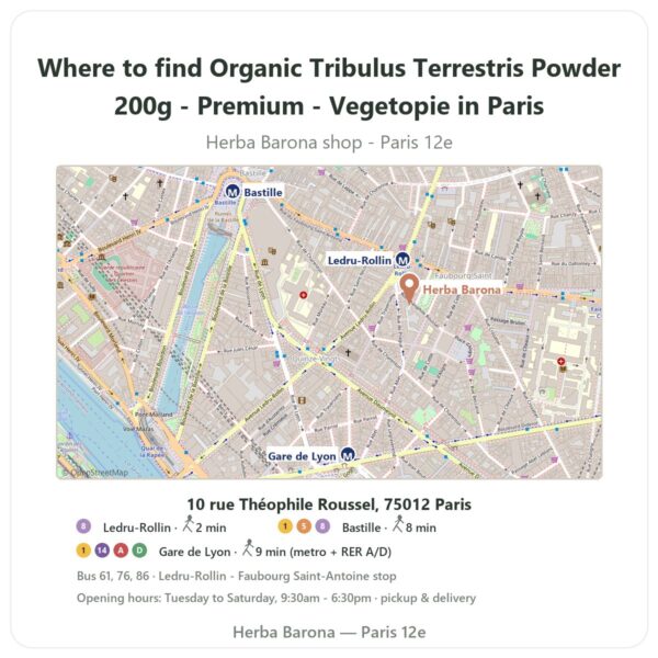 Where to find Organic Tribulus Terrestris Powder 200g - Premium - Vegetopie in Paris - store map Herba Barona Paris 12e