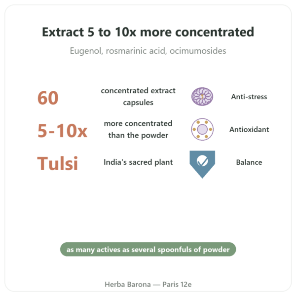 Organic Tulsi Extract (Holy Basil) – 60 capsules – Ayur-vana benefits and key facts Paris Herba Barona