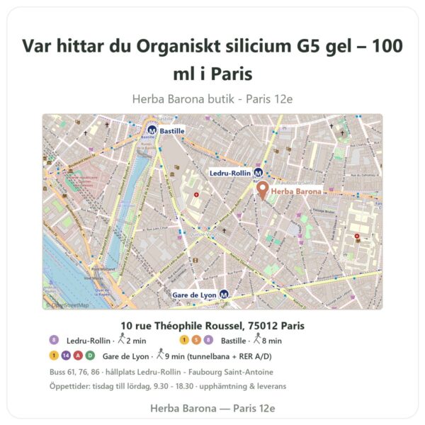 Var hittar du Organiskt silicium G5 gel – 100 ml i Paris - butikskarta Herba Barona Paris 12e