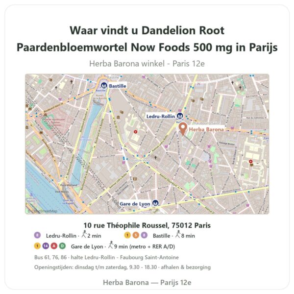 Waar vindt u Dandelion Root Paardenbloemwortel Now Foods 500 mg in Parijs - winkelplattegrond Herba Barona Paris 12e