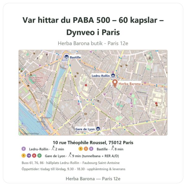 Var hittar du PABA 500 – 60 kapslar – Dynveo i Paris - butikskarta Herba Barona Paris 12e