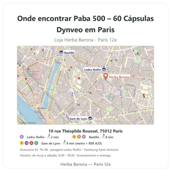 Onde encontrar Paba 500 – 60 Cápsulas Dynveo em Paris - mapa da loja Herba Barona Paris 12e