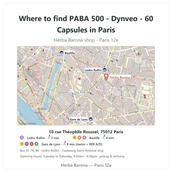 Where to find PABA 500 - Dynveo - 60 Capsules in Paris - store map Herba Barona Paris 12e