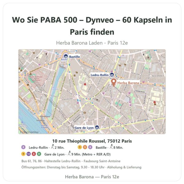 Wo finden Sie PABA 500 – Dynveo – 60 Kapseln in Paris - Ladenplan Herba Barona Paris 12e