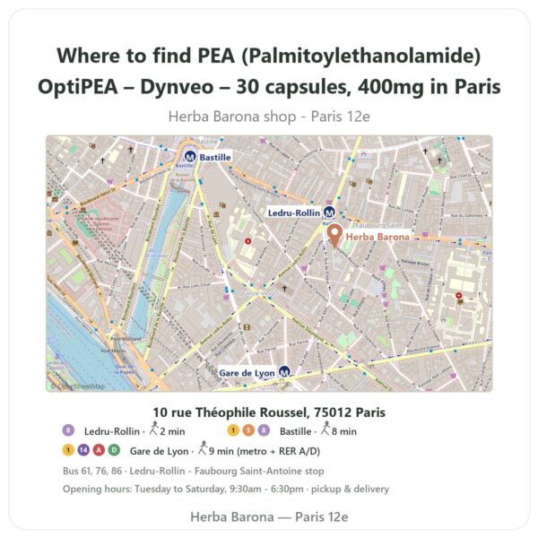 Where to find PEA (Palmitoylethanolamide) OptiPEA – Dynveo – 30 capsules, 400mg in Paris - store map Herba Barona Paris 12e