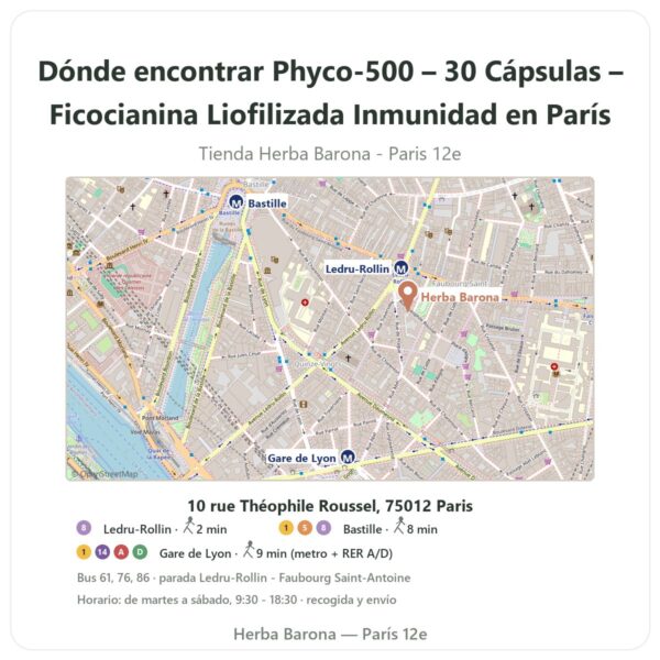 Dónde encontrar Phyco-500 – 30 Cápsulas – Ficocianina Liofilizada Inmunidad en París - plano de la tienda Herba Barona Paris 12e