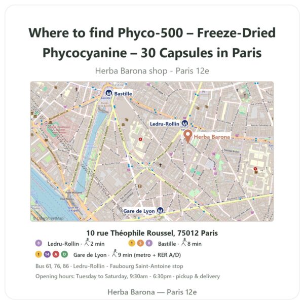 Where to find Phyco-500 – Freeze-Dried Phycocyanine – 30 Capsules in Paris - store map Herba Barona Paris 12e