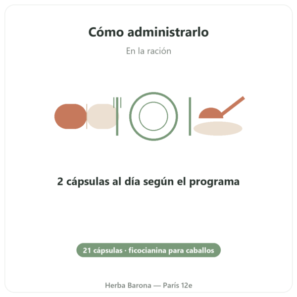 Phyco-Équine 21 Cápsulas – Ficocianina para Caballos de Deporte modo de empleo y dosis Paris Herba Barona