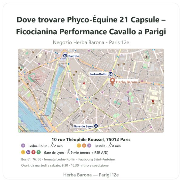 Dove trovare Phyco-Équine 21 Capsule – Ficocianina Performance Cavallo a Parigi - mappa del negozio Herba Barona Paris 12e