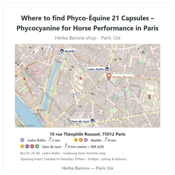 Where to find Phyco-Équine 21 Capsules – Phycocyanine for Horse Performance in Paris - store map Herba Barona Paris 12e