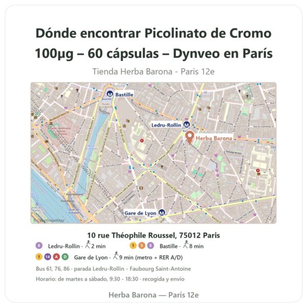 Dónde encontrar Picolinato de Cromo 100µg – 60 cápsulas – Dynveo en París - plano de la tienda Herba Barona Paris 12e
