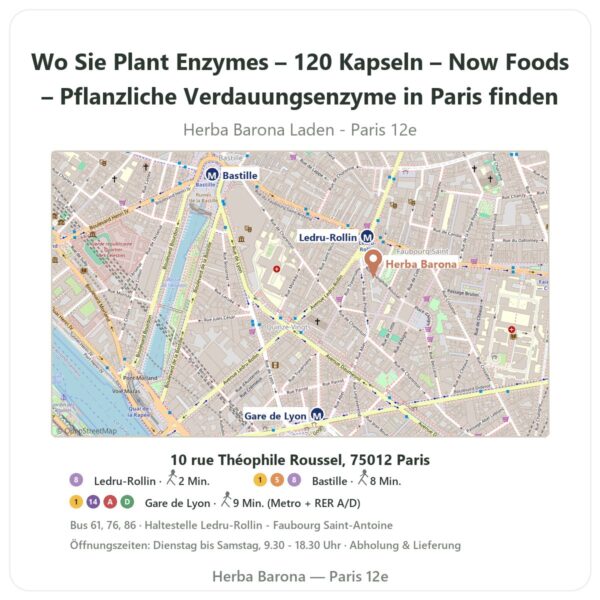 Wo finden Sie Plant Enzymes – 120 Kapseln – Now Foods – Pflanzliche Verdauungsenzyme in Paris - Ladenplan Herba Barona Paris 12e