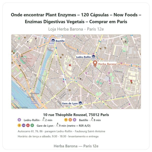 Onde encontrar Plant Enzymes – 120 Cápsulas – Now Foods – Enzimas Digestivas Vegetais – Comprar em Paris - mapa da loja Herba Barona Paris 12e