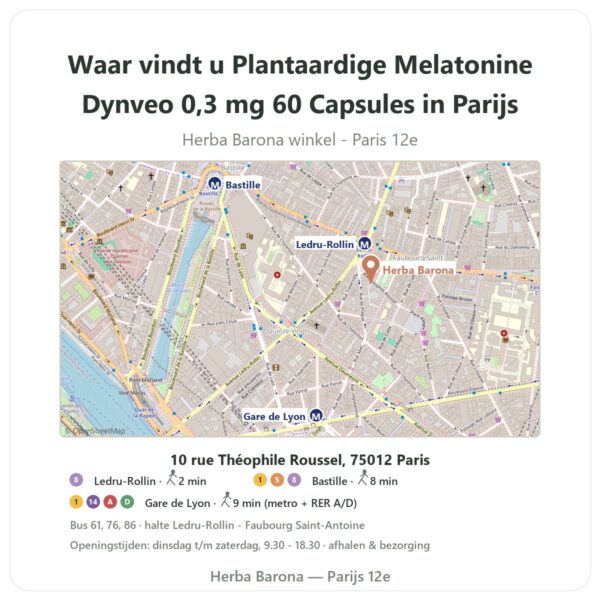 Waar vindt u Plantaardige Melatonine Dynveo 0,3 mg 60 Capsules in Parijs - winkelplattegrond Herba Barona Paris 12e