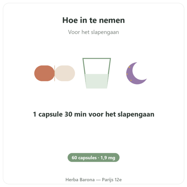 Plantaardige Melatonine Dynveo 1,9 mg 60 Capsules gebruiksaanwijzing en dosering Paris Herba Barona