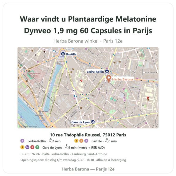 Waar vindt u Plantaardige Melatonine Dynveo 1,9 mg 60 Capsules in Parijs - winkelplattegrond Herba Barona Paris 12e