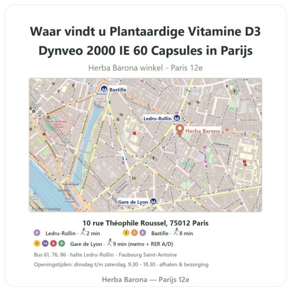 Waar vindt u Plantaardige Vitamine D3 Dynveo 2000 IE 60 Capsules in Parijs - winkelplattegrond Herba Barona Paris 12e