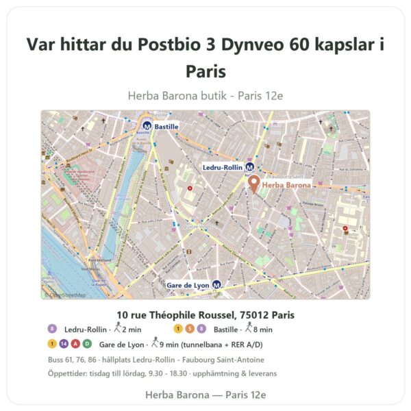 Var hittar du Postbio 3 Dynveo 60 kapslar i Paris - butikskarta Herba Barona Paris 12e