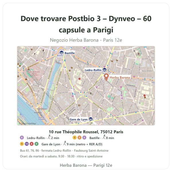 Dove trovare Postbio 3 – Dynveo – 60 capsule a Parigi - mappa del negozio Herba Barona Paris 12e