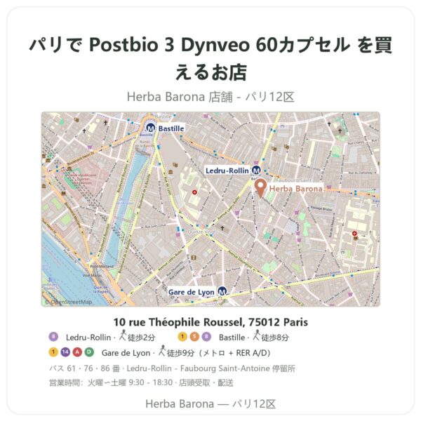 Where to find Postbio 3 Dynveo 60カプセル in Paris - store map Herba Barona Paris 12e