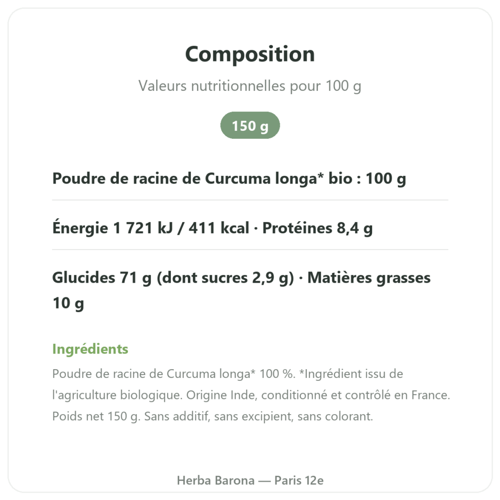 Poudre de curcuma bio 150 g Ayur-vana composition valeurs nutritionnelles Paris Herba Barona