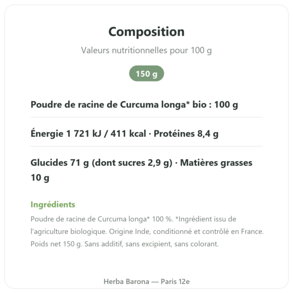 Poudre de curcuma bio 150 g Ayur-vana composition valeurs nutritionnelles Paris Herba Barona