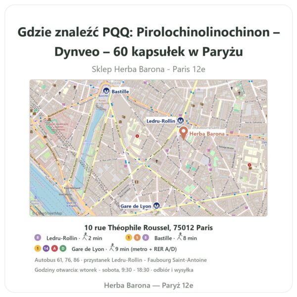 Gdzie znaleźć PQQ: Pirolochinolinochinon – Dynveo – 60 kapsułek w Paryżu - mapa sklepu Herba Barona Paris 12e