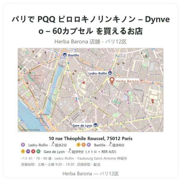 Where to find PQQ ピロロキノリンキノン – Dynveo – 60カプセル in Paris - store map Herba Barona Paris 12e