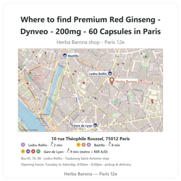 Where to find Premium Red Ginseng - Dynveo - 200mg - 60 Capsules in Paris - store map Herba Barona Paris 12e