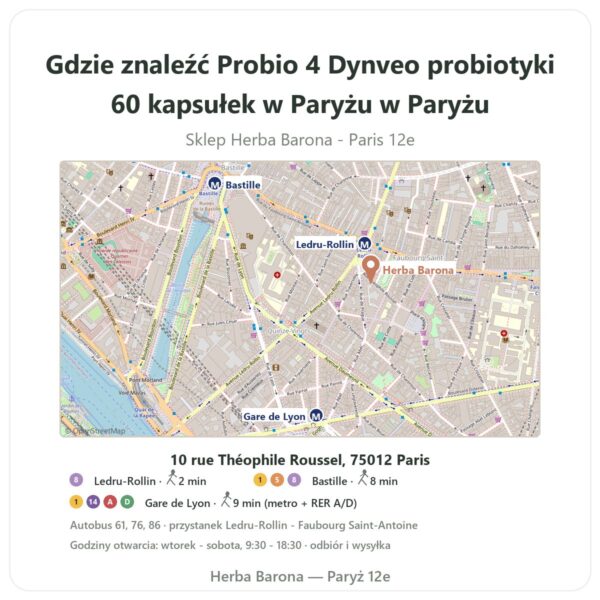 Gdzie znaleźć Probio 4 Dynveo probiotyki 60 kapsułek w Paryżu w Paryżu - mapa sklepu Herba Barona Paris 12e
