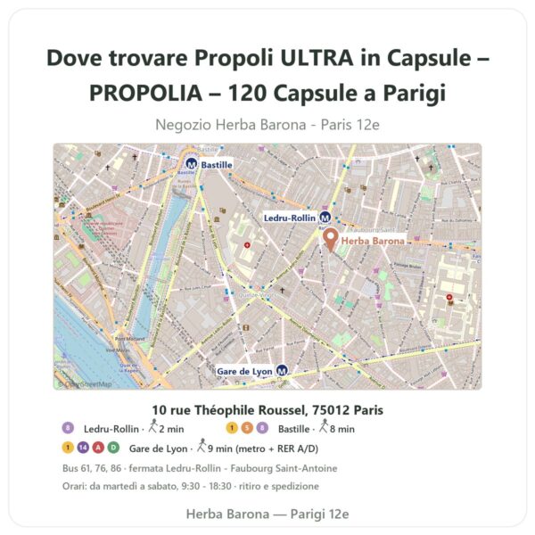 Dove trovare Propoli ULTRA in Capsule – PROPOLIA – 120 Capsule a Parigi - mappa del negozio Herba Barona Paris 12e