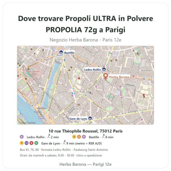 Dove trovare Propoli ULTRA in Polvere PROPOLIA 72g a Parigi - mappa del negozio Herba Barona Paris 12e
