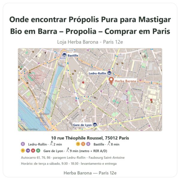 Onde encontrar Própolis Pura para Mastigar Bio em Barra – Propolia – Comprar em Paris - mapa da loja Herba Barona Paris 12e