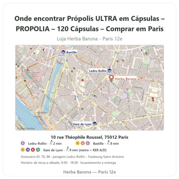 Onde encontrar Própolis ULTRA em Cápsulas – PROPOLIA – 120 Cápsulas – Comprar em Paris - mapa da loja Herba Barona Paris 12e