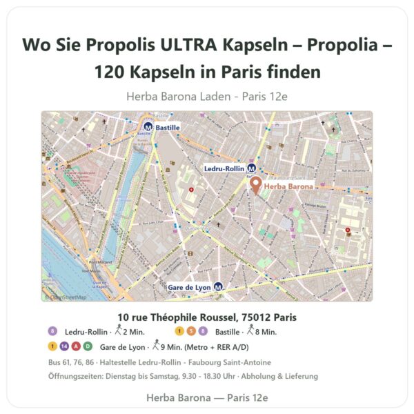 Wo finden Sie Propolis ULTRA Kapseln – Propolia – 120 Kapseln in Paris - Ladenplan Herba Barona Paris 12e