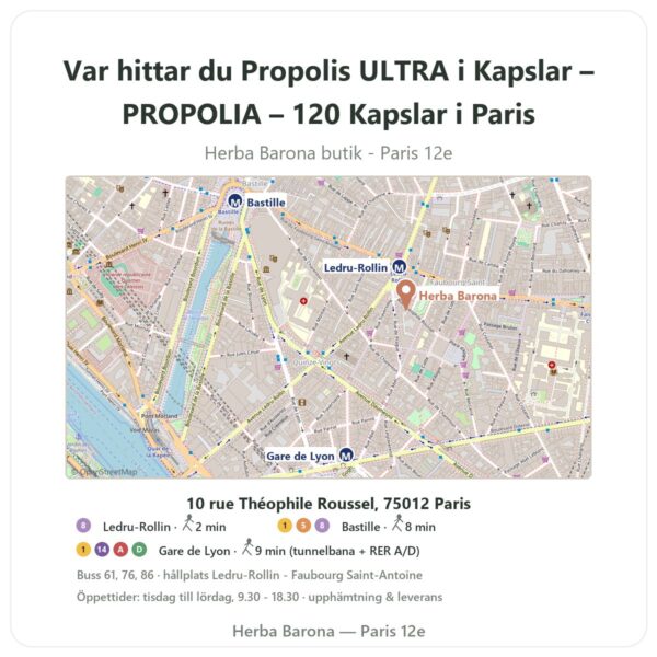 Var hittar du Propolis ULTRA i Kapslar – PROPOLIA – 120 Kapslar i Paris - butikskarta Herba Barona Paris 12e
