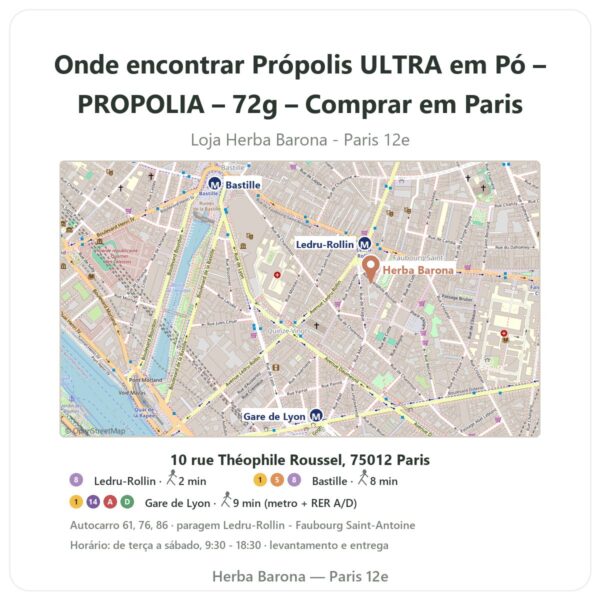 Onde encontrar Própolis ULTRA em Pó – PROPOLIA – 72g – Comprar em Paris - mapa da loja Herba Barona Paris 12e