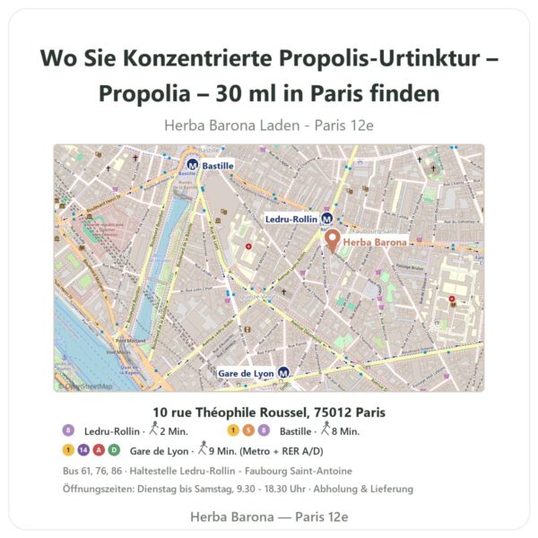 Wo finden Sie Konzentrierte Propolis-Urtinktur – Propolia – 30 ml in Paris - Ladenplan Herba Barona Paris 12e