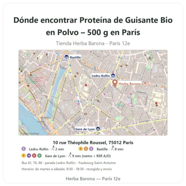 Dónde encontrar Proteína de Guisante Bio en Polvo – 500 g en París - plano de la tienda Herba Barona Paris 12e