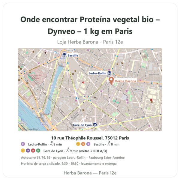Onde encontrar Proteína vegetal bio – Dynveo – 1 kg em Paris - mapa da loja Herba Barona Paris 12e