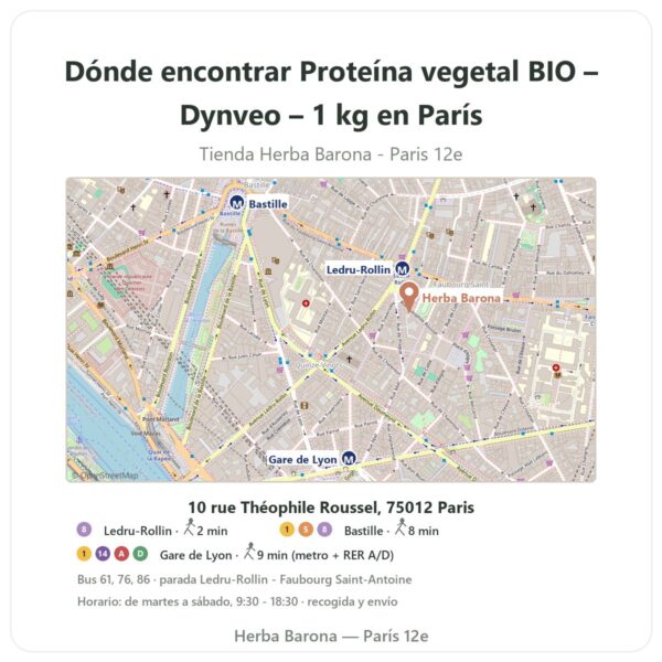 Dónde encontrar Proteína vegetal BIO – Dynveo – 1 kg en París - plano de la tienda Herba Barona Paris 12e